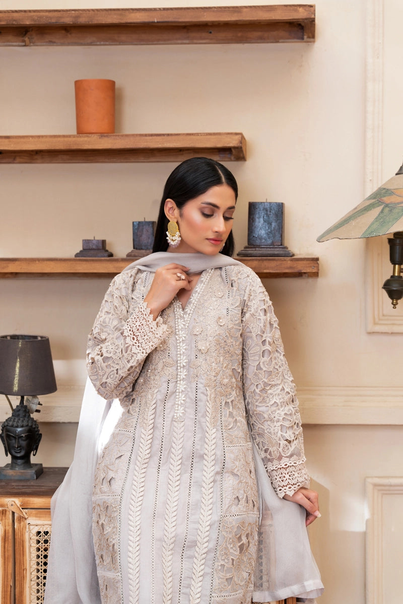 Maria B Inspired Ladies Grey Chikan Kari Eid Outfit - Desi Posh