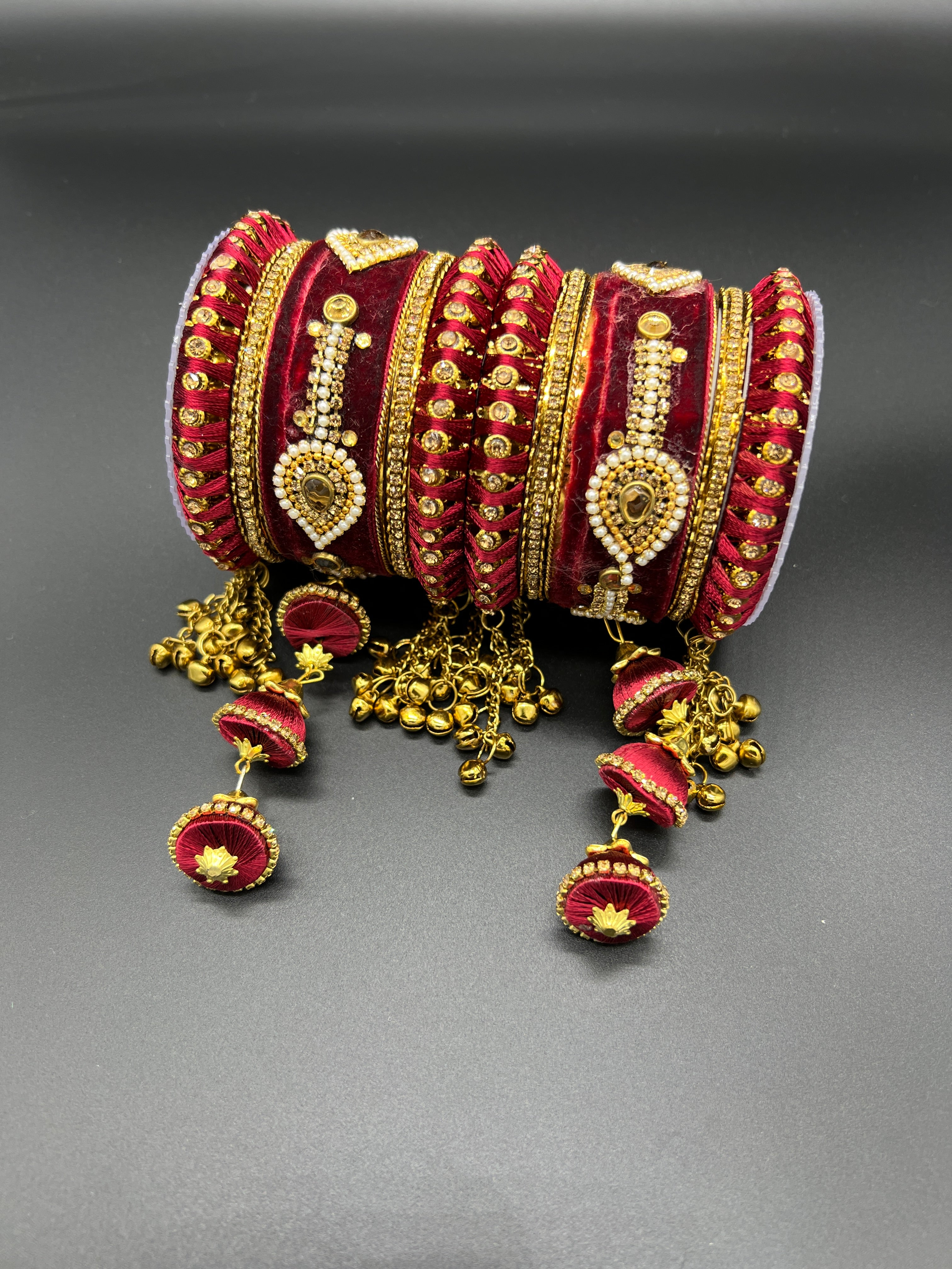 Maroon Thread and Gold Stone Work Bangles - Desi Posh