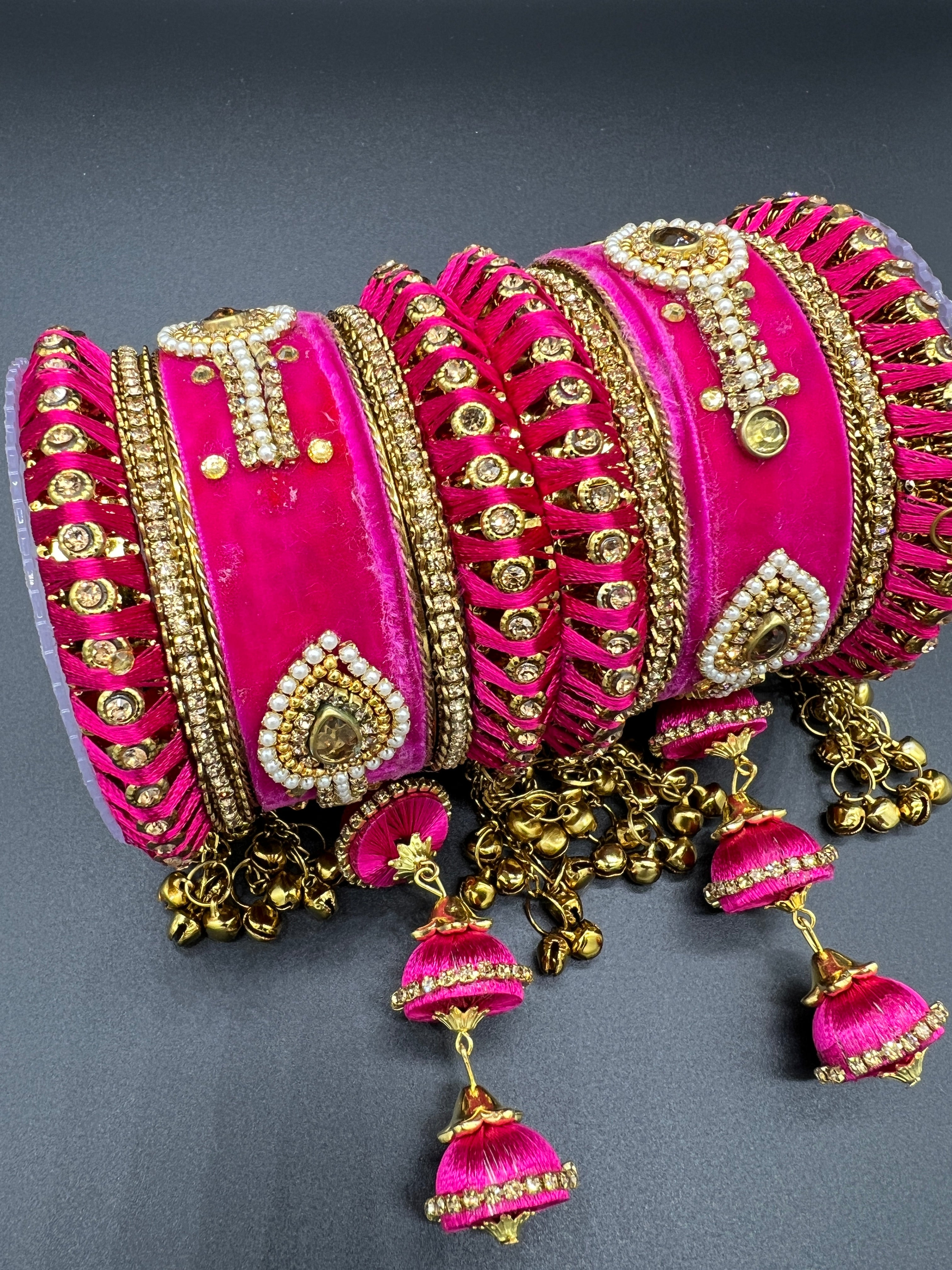 Cyrise Pink Thread and Gold Stone Work Bangles - Desi Posh