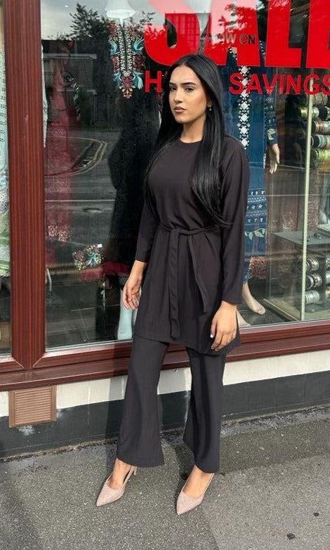 Aisha Jersey Belted Co ord Set Black - Desi Posh