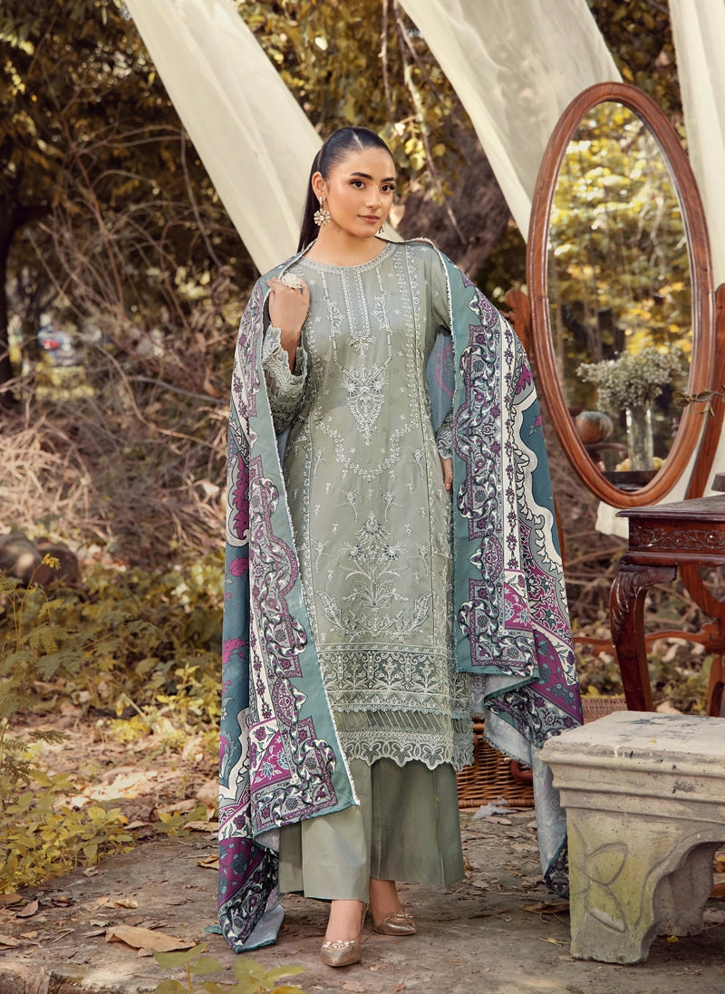 Rozana Dhanak Winter Collection Sage Green 3 Piece Embroidered Suit