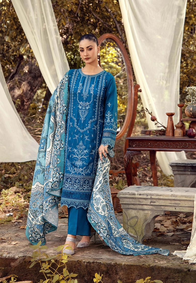 Rozana Dhanak Winter Collection Teal Blue 3 Piece Embroidered Suit