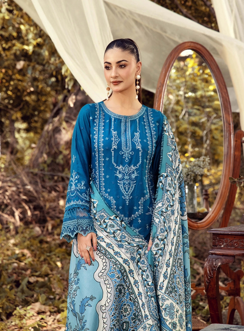 Rozana Dhanak Winter Collection Teal Blue 3 Piece Embroidered Suit