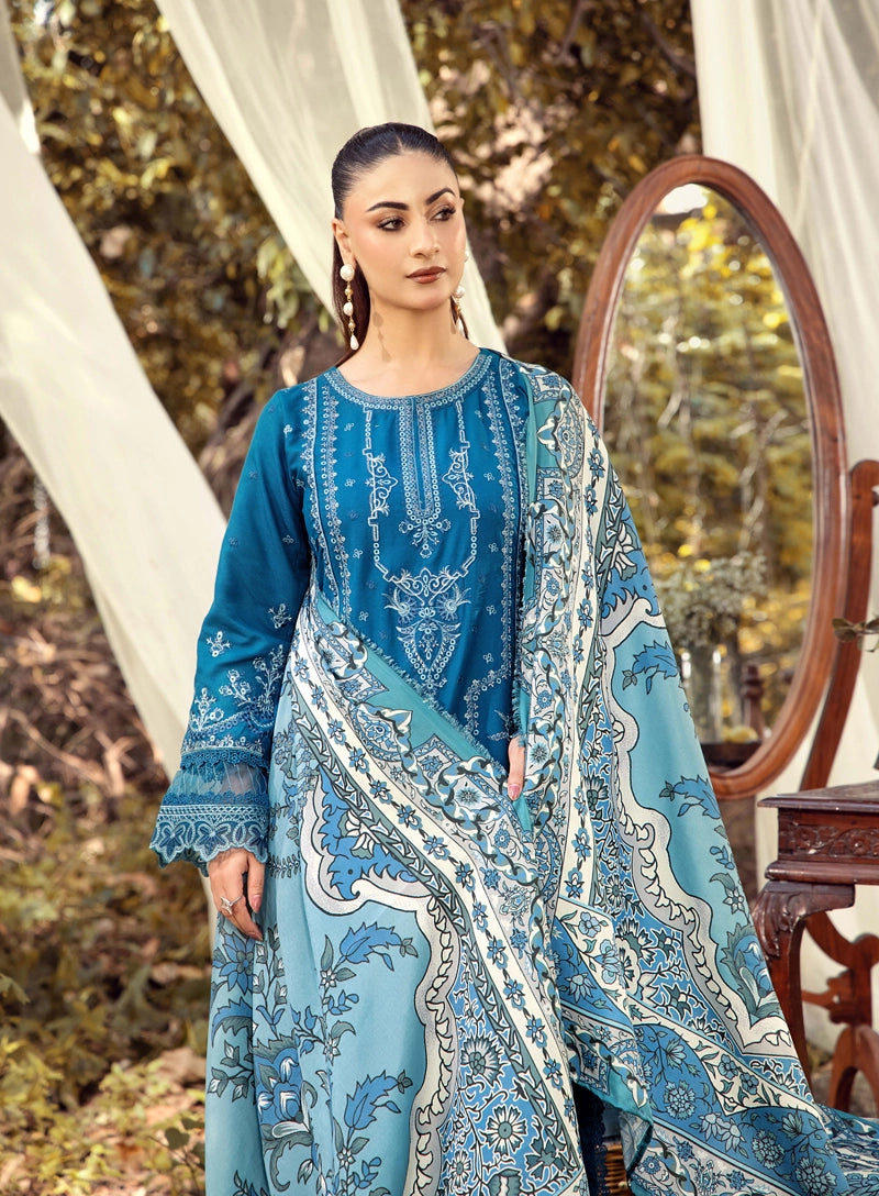 Rozana Dhanak Winter Collection Teal Blue 3 Piece Embroidered Suit