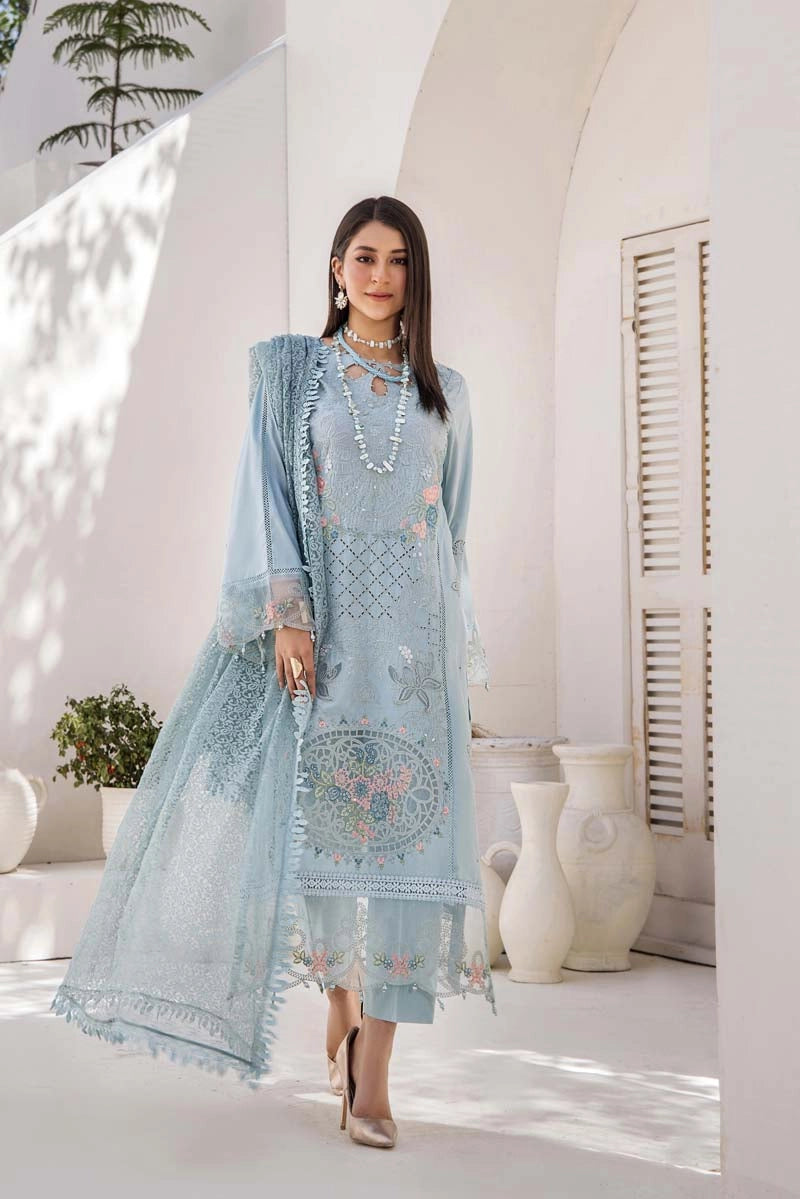 Maria B Inspired Chikan Embroidered Blue 3 Piece Outfit With Barocia Dupatta - Desi Posh