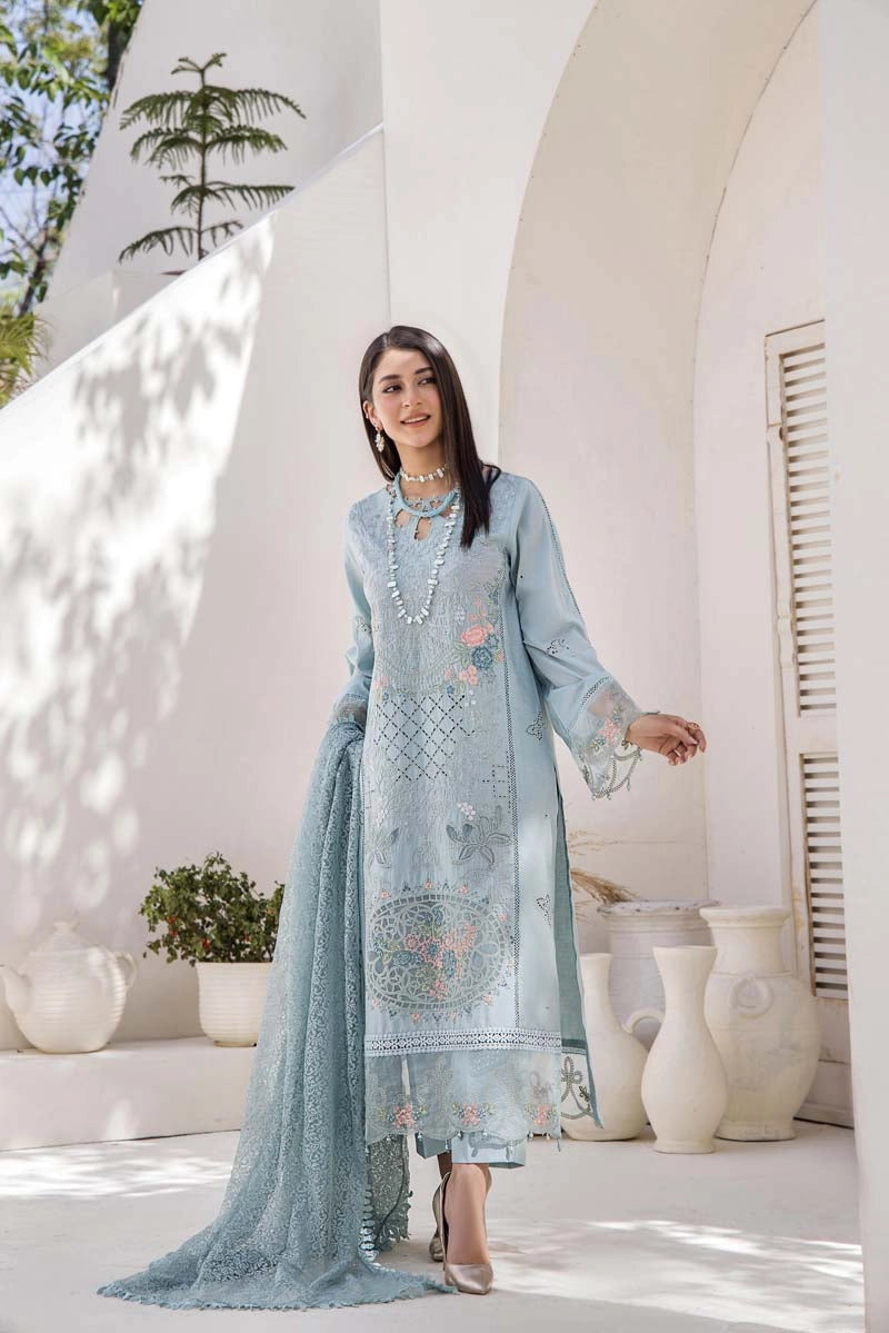 Maria B Inspired Chikan Embroidered Blue 3 Piece Outfit With Barocia Dupatta - Desi Posh