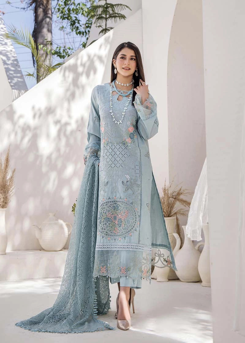 Maria B Inspired Chikan Embroidered Blue 3 Piece Outfit With Barocia Dupatta - Desi Posh