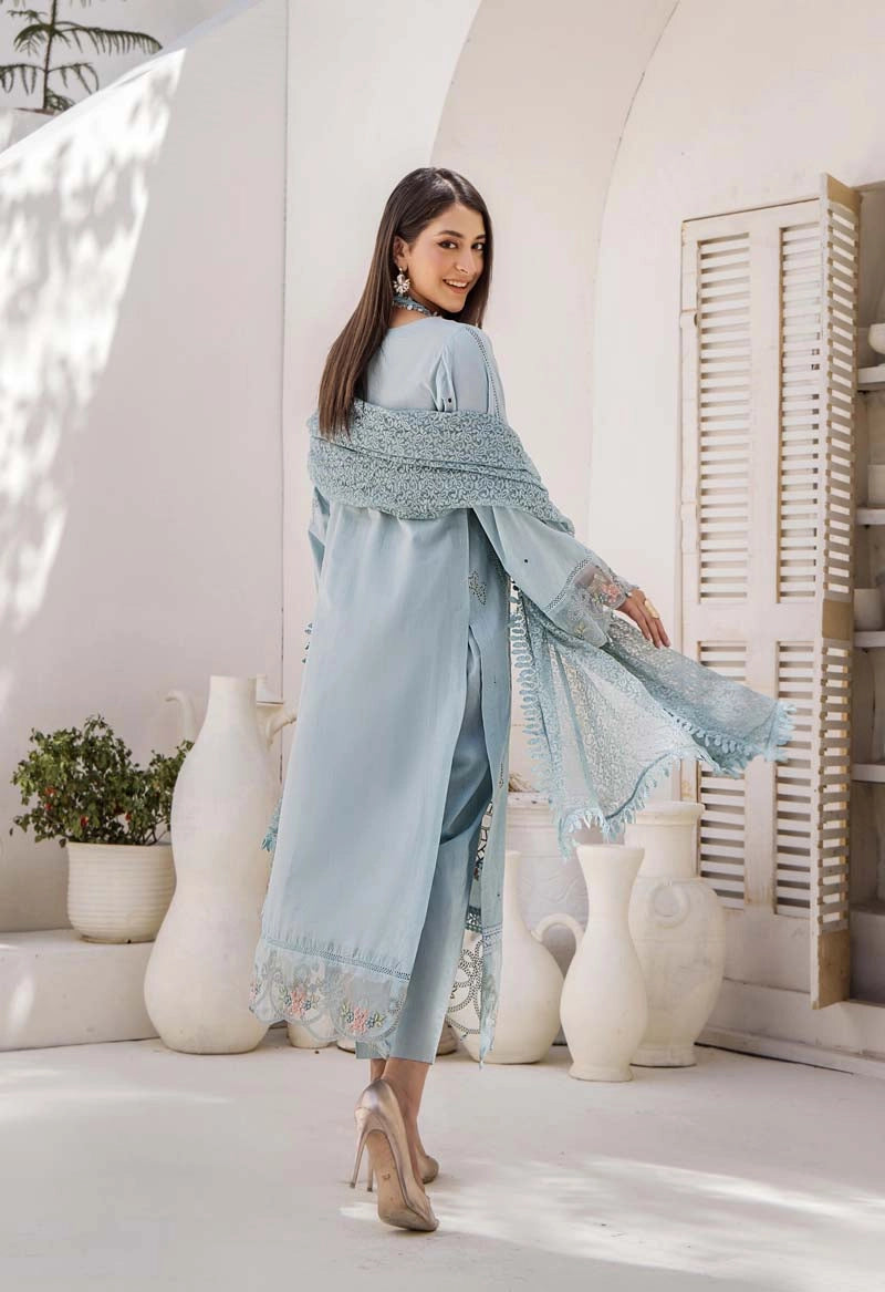 Maria B Inspired Chikan Embroidered Blue 3 Piece Outfit With Barocia Dupatta - Desi Posh