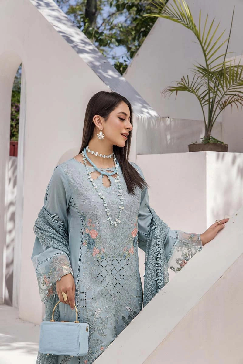 Maria B Inspired Chikan Embroidered Blue 3 Piece Outfit With Barocia Dupatta - Desi Posh