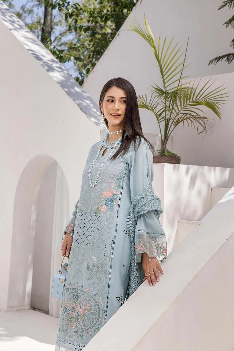 Maria B Inspired Chikan Embroidered Blue 3 Piece Outfit With Barocia Dupatta - Desi Posh