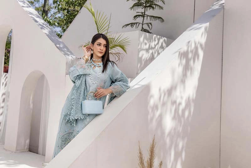 Maria B Inspired Chikan Embroidered Blue 3 Piece Outfit With Barocia Dupatta - Desi Posh