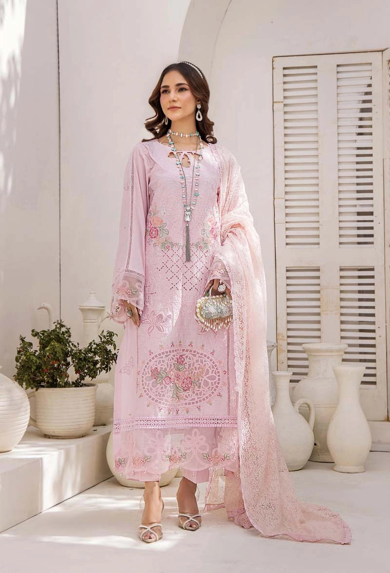 Maria B Inspired Chikan Embroidered Pink 3 Piece Outfit With Barocia Dupatta - Desi Posh