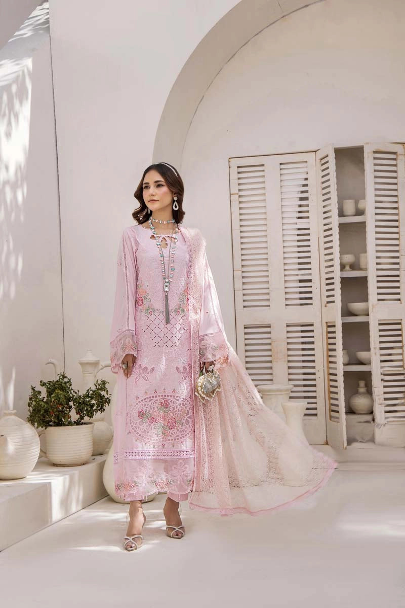 Maria B Inspired Chikan Embroidered Pink 3 Piece Outfit With Barocia Dupatta - Desi Posh