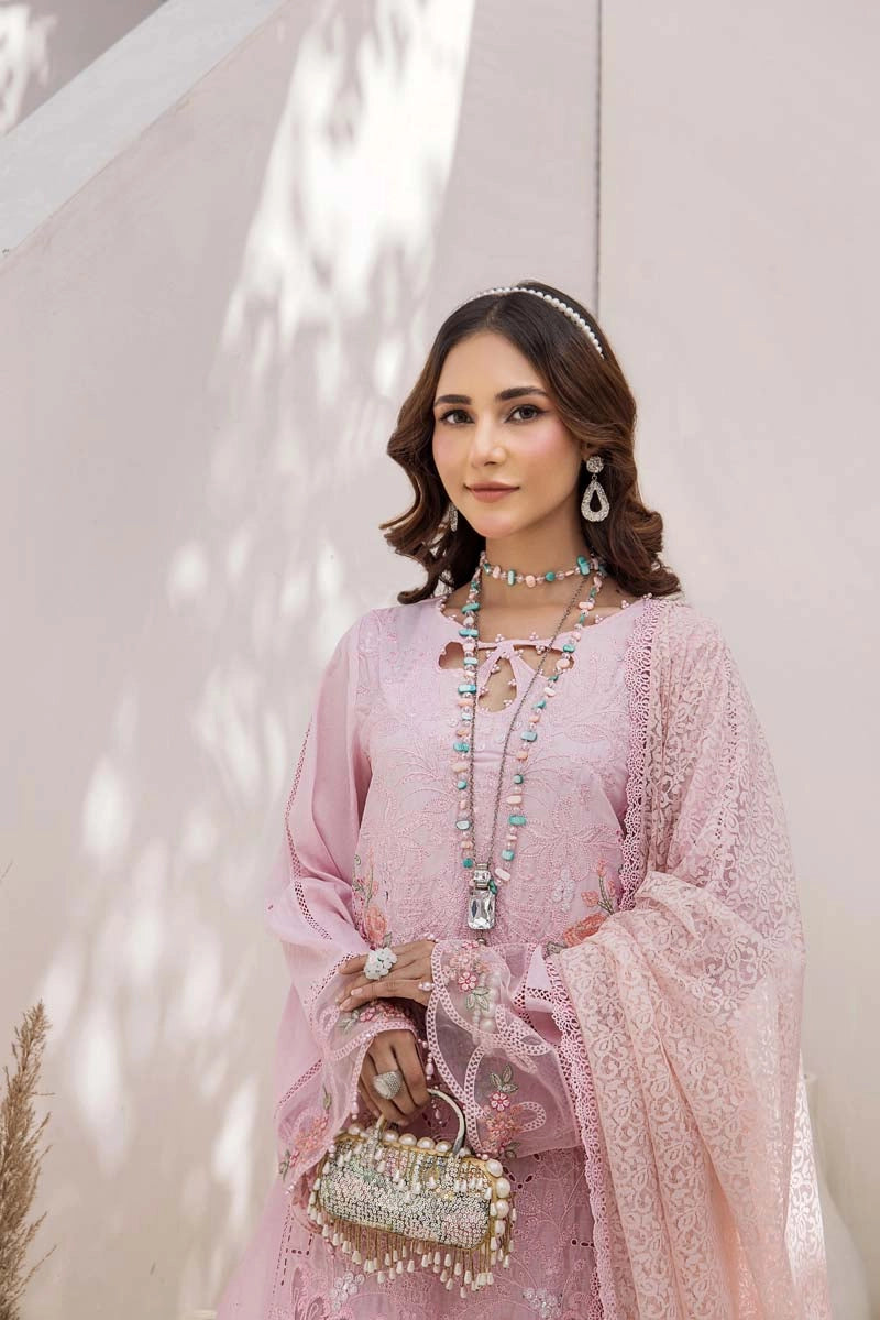 Maria B Inspired Chikan Embroidered Pink 3 Piece Outfit With Barocia Dupatta - Desi Posh