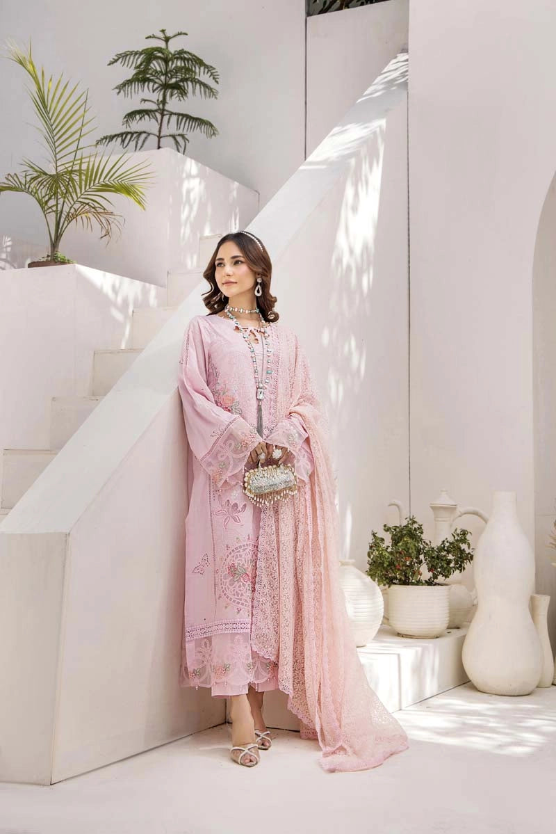Maria B Inspired Chikan Embroidered Pink 3 Piece Outfit With Barocia Dupatta - Desi Posh