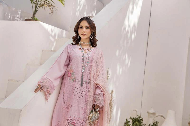 Maria B Inspired Chikan Embroidered Pink 3 Piece Outfit With Barocia Dupatta - Desi Posh