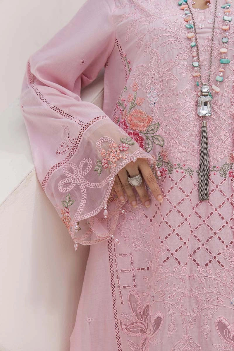 Maria B Inspired Chikan Embroidered Pink 3 Piece Outfit With Barocia Dupatta - Desi Posh