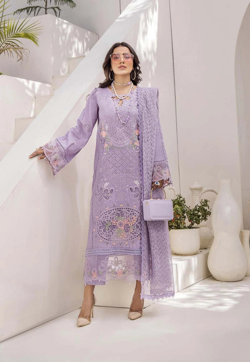 Maria B Inspired Chikan Embroidered Lilac 3 Piece Outfit With Barocia Dupatta - Desi Posh