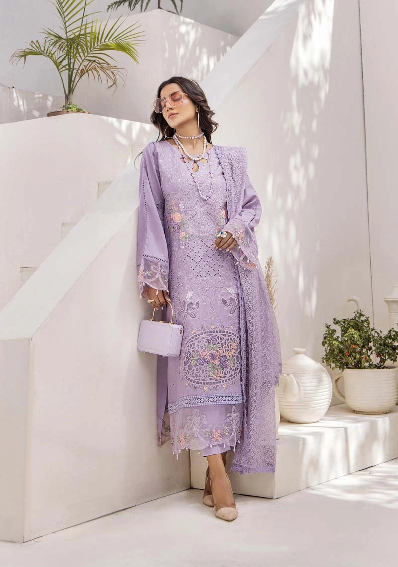 Maria B Inspired Chikan Embroidered Lilac 3 Piece Outfit With Barocia Dupatta - Desi Posh