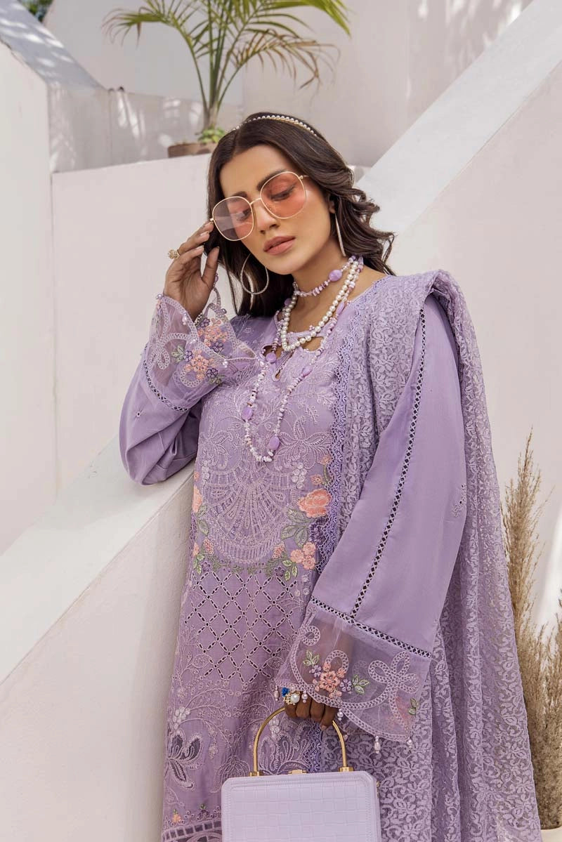 Maria B Inspired Chikan Embroidered Lilac 3 Piece Outfit With Barocia Dupatta - Desi Posh