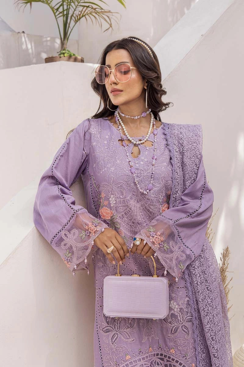Maria B Inspired Chikan Embroidered Lilac 3 Piece Outfit With Barocia Dupatta - Desi Posh