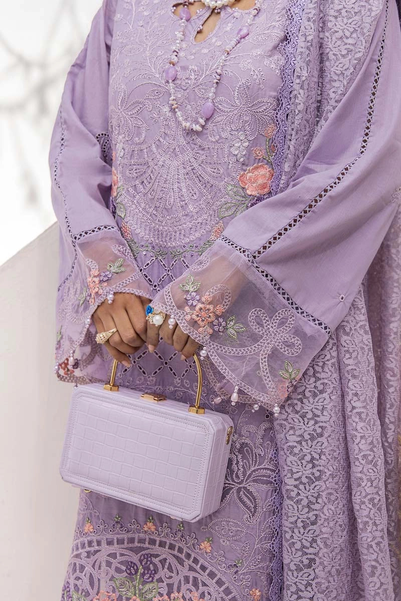 Maria B Inspired Chikan Embroidered Lilac 3 Piece Outfit With Barocia Dupatta - Desi Posh