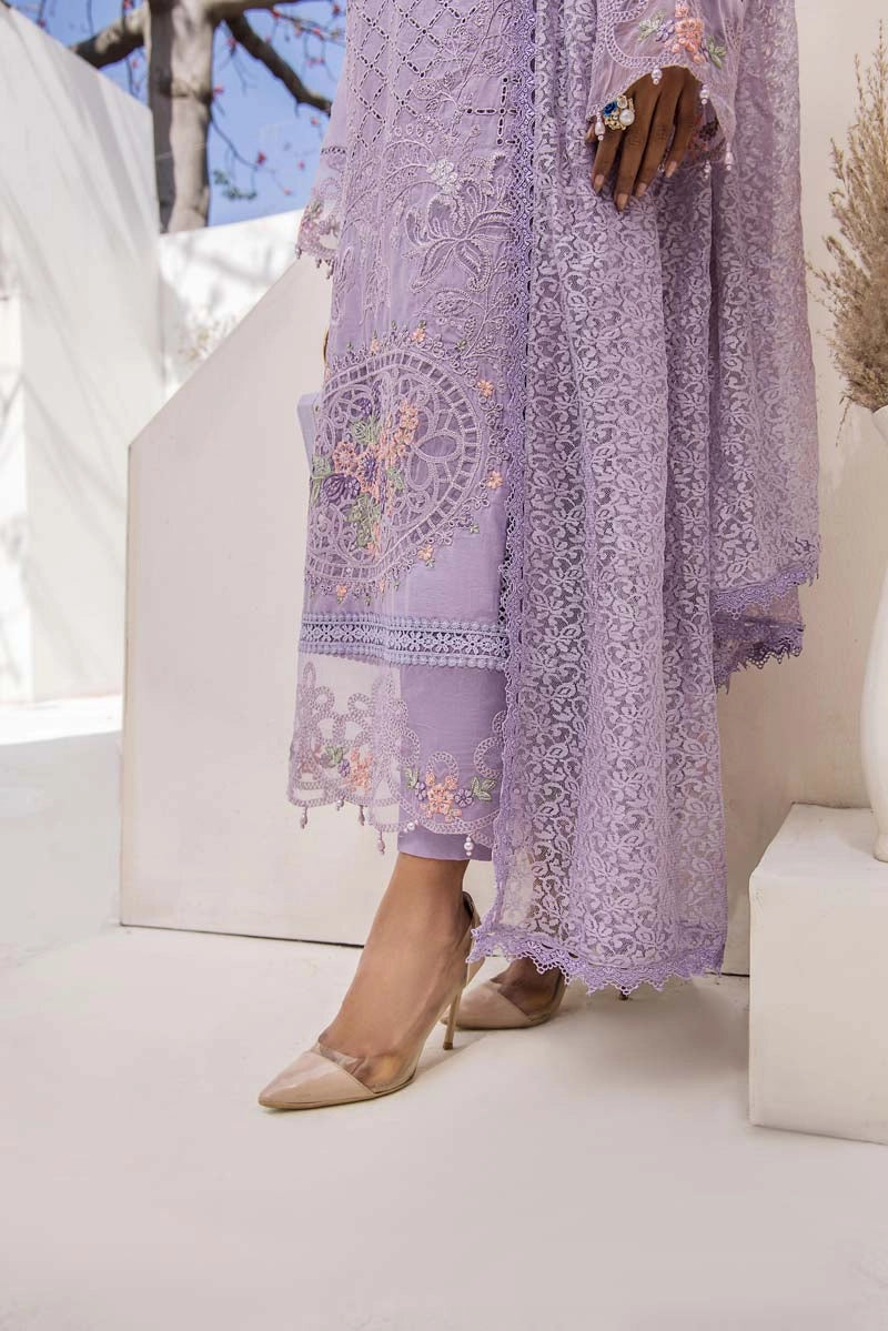 Maria B Inspired Chikan Embroidered Lilac 3 Piece Outfit With Barocia Dupatta - Desi Posh