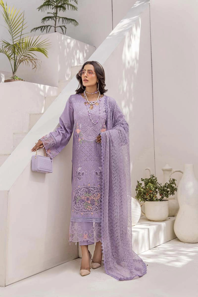 Maria B Inspired Chikan Embroidered Lilac 3 Piece Outfit With Barocia Dupatta - Desi Posh
