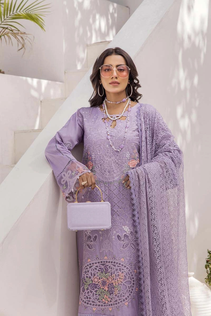Maria B Inspired Chikan Embroidered Lilac 3 Piece Outfit With Barocia Dupatta - Desi Posh