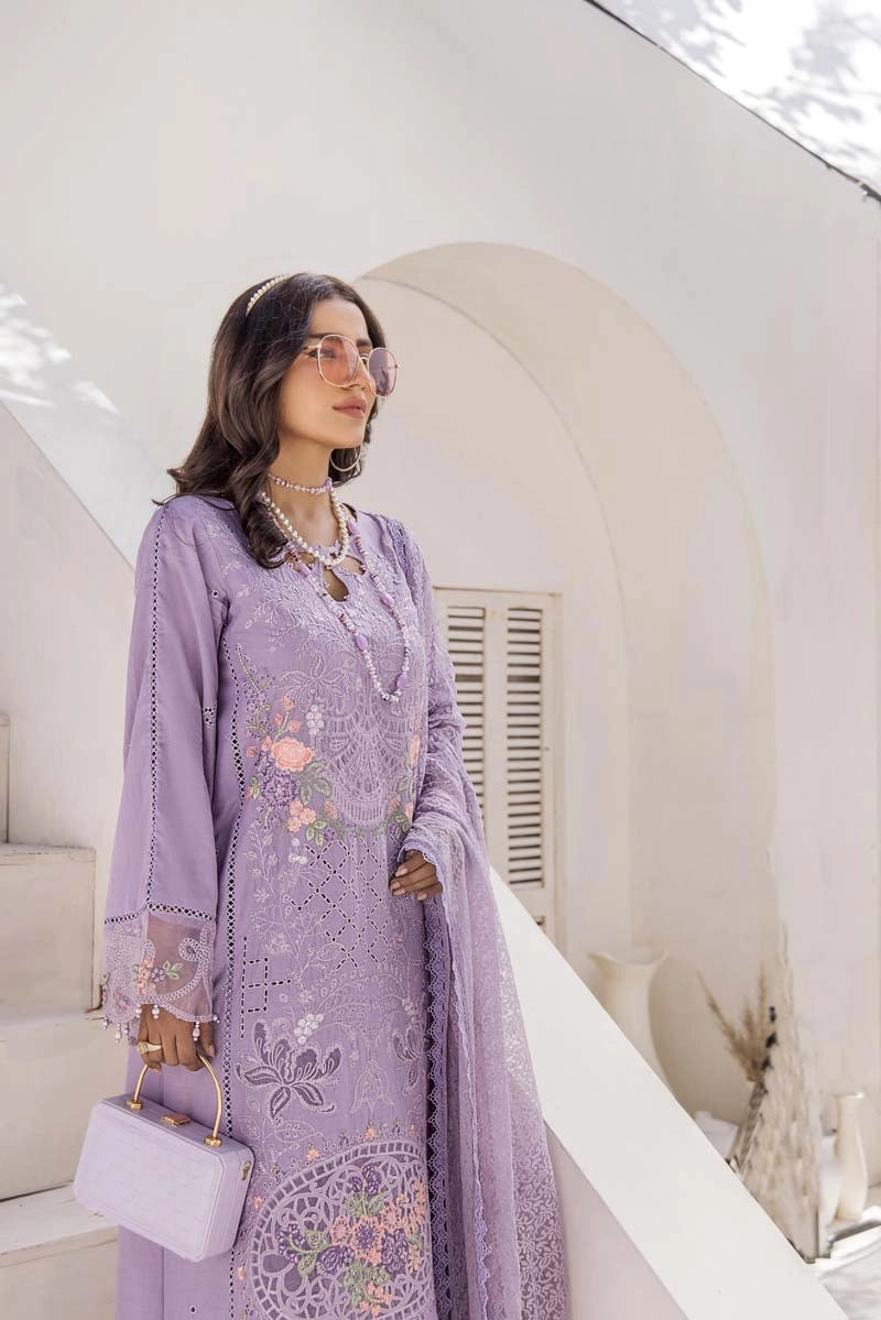 Maria B Inspired Chikan Embroidered Lilac 3 Piece Outfit With Barocia Dupatta - Desi Posh