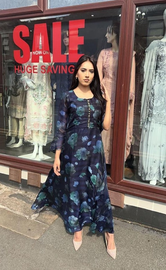 Palachi Print Detailed Designer Long Chiffon Dress Blue - Desi Posh