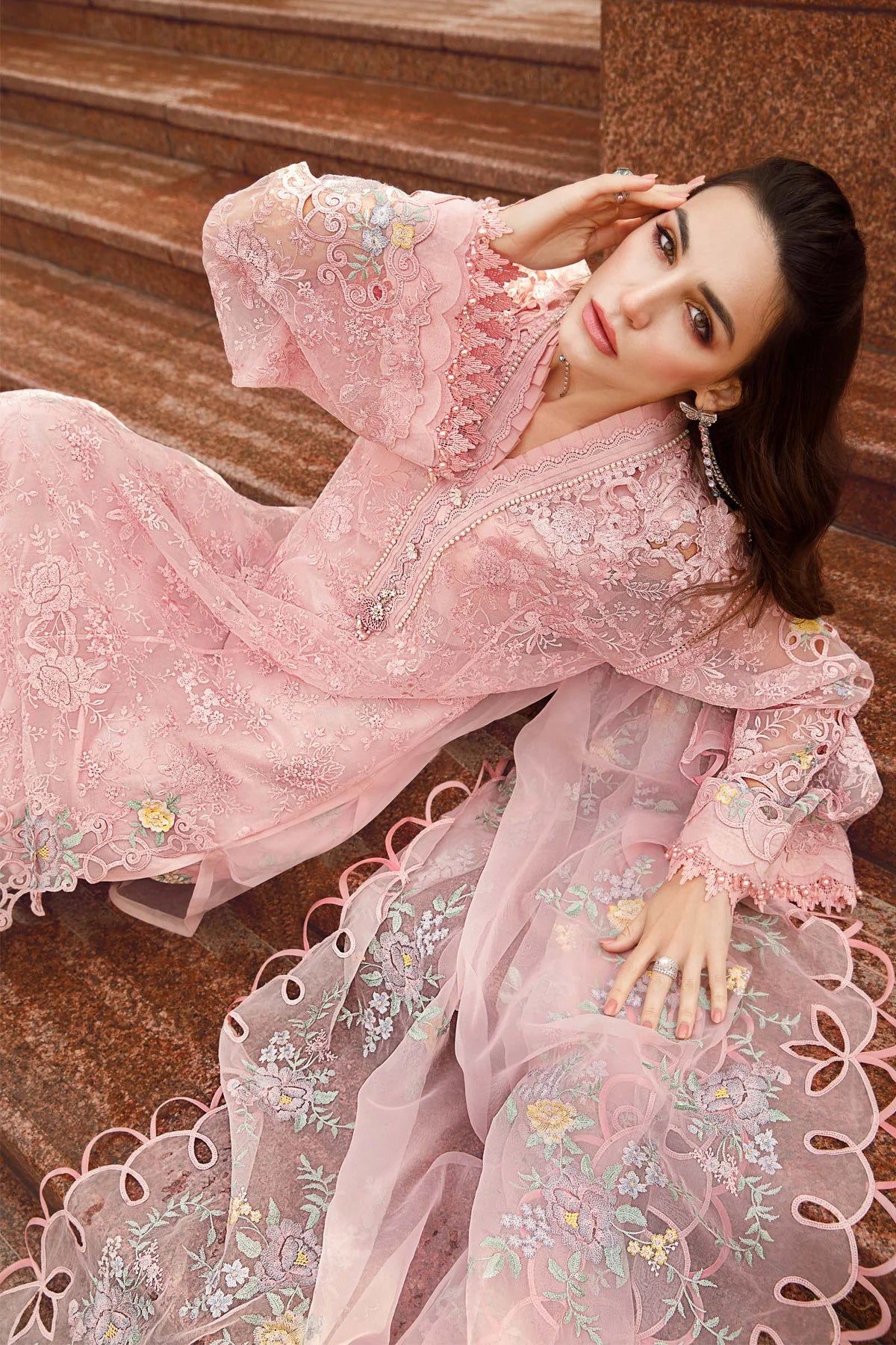 Maria B Inspired Embroidered Pink 3 Piece Outfit With Net Dupatta - Desi Posh