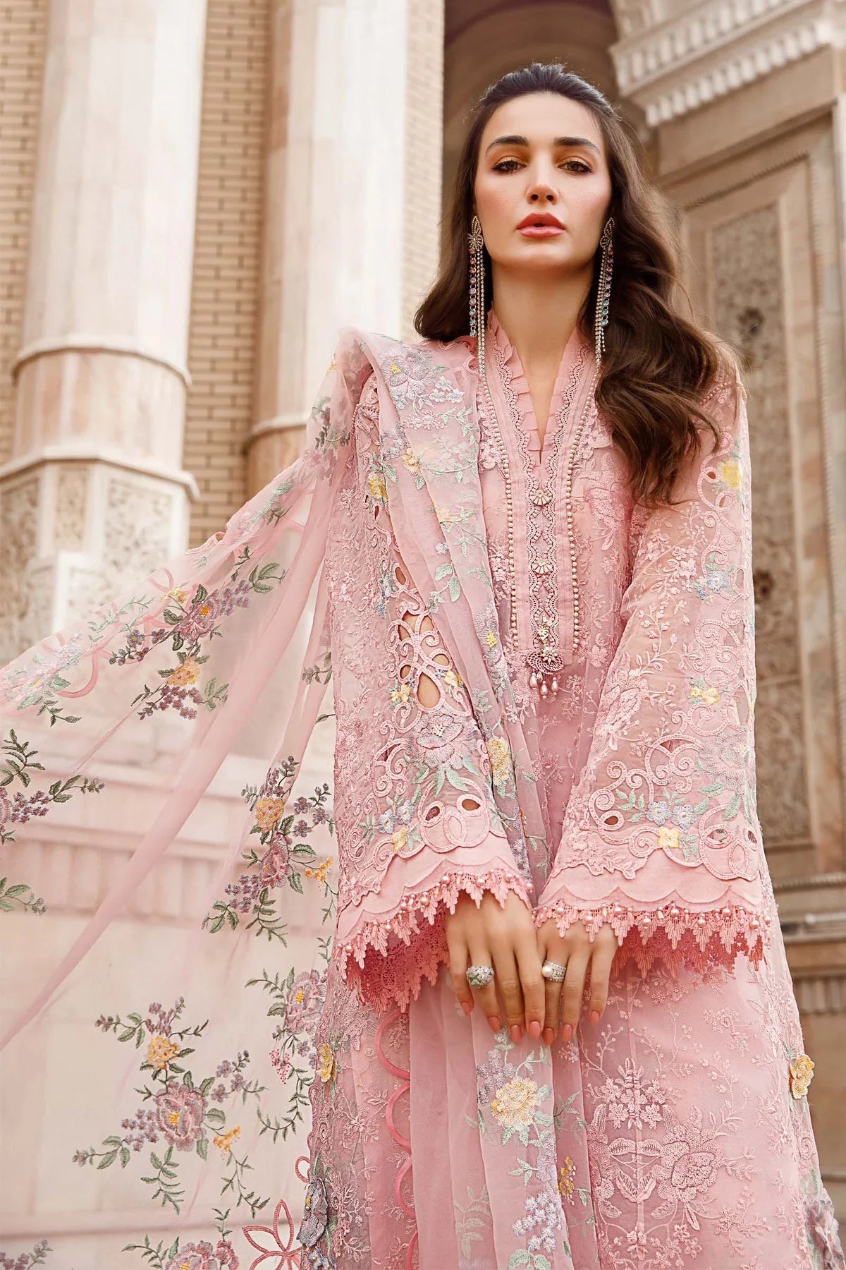 Maria B Inspired Embroidered Pink 3 Piece Outfit With Straight Trousers - Desi Posh
