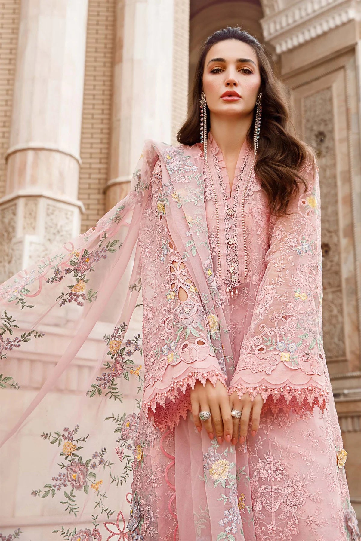 Maria B Inspired Embroidered Pink 3 Piece Outfit With Net Dupatta - Desi Posh