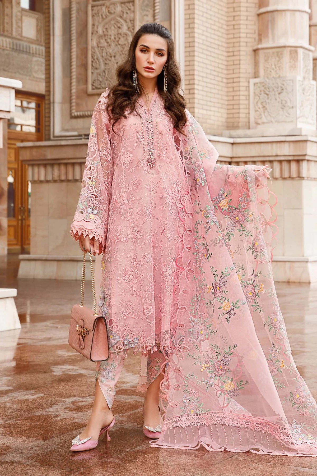 Maria B Inspired Embroidered Pink 3 Piece Outfit With Net Dupatta - Desi Posh