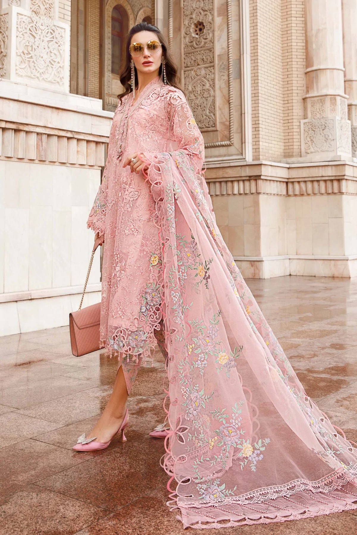 Maria B Inspired Embroidered Pink 3 Piece Outfit With Net Dupatta - Desi Posh