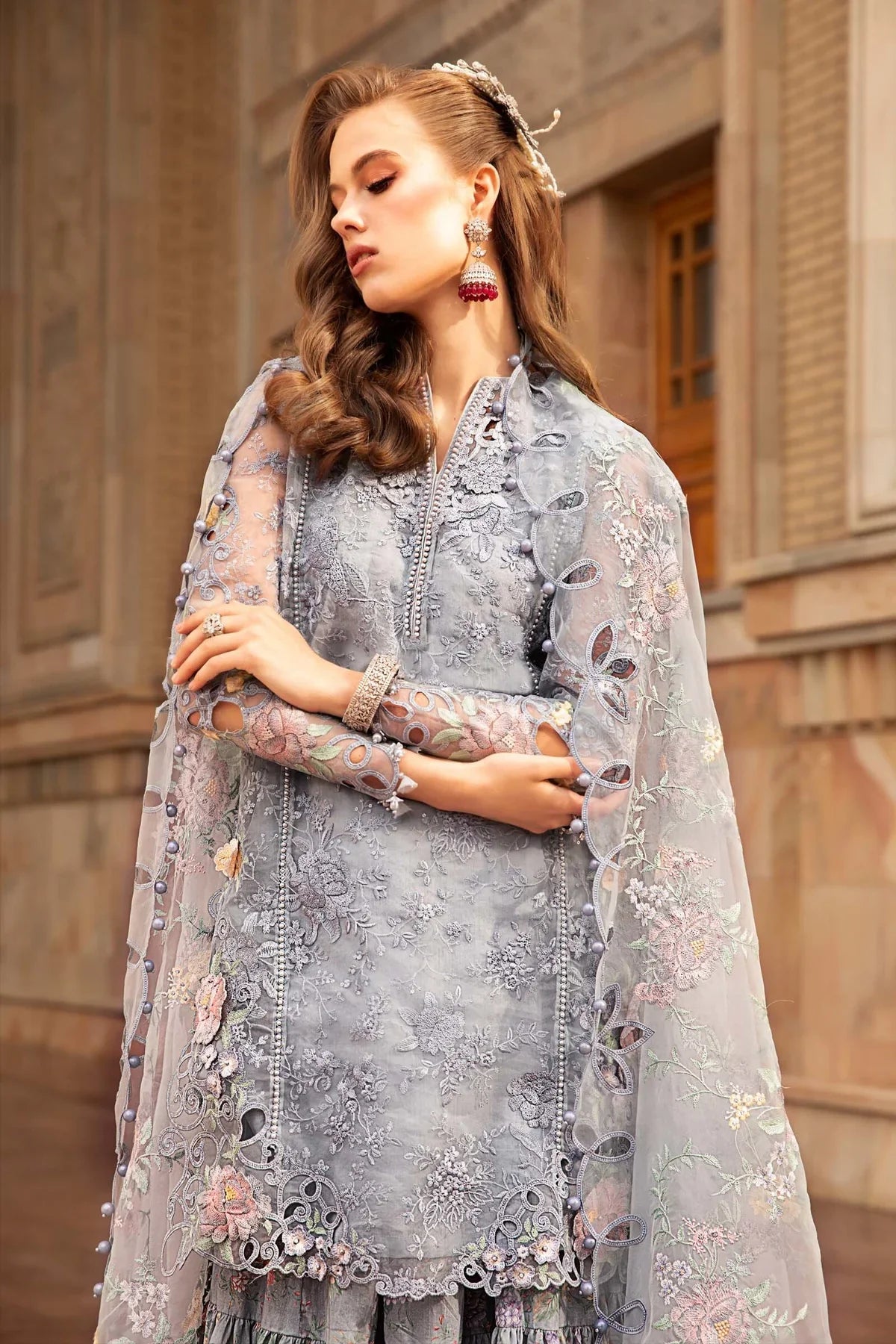 Maria B Inspired Embroidered Grey 3 Piece Outfit With Net Dupatta - Desi Posh