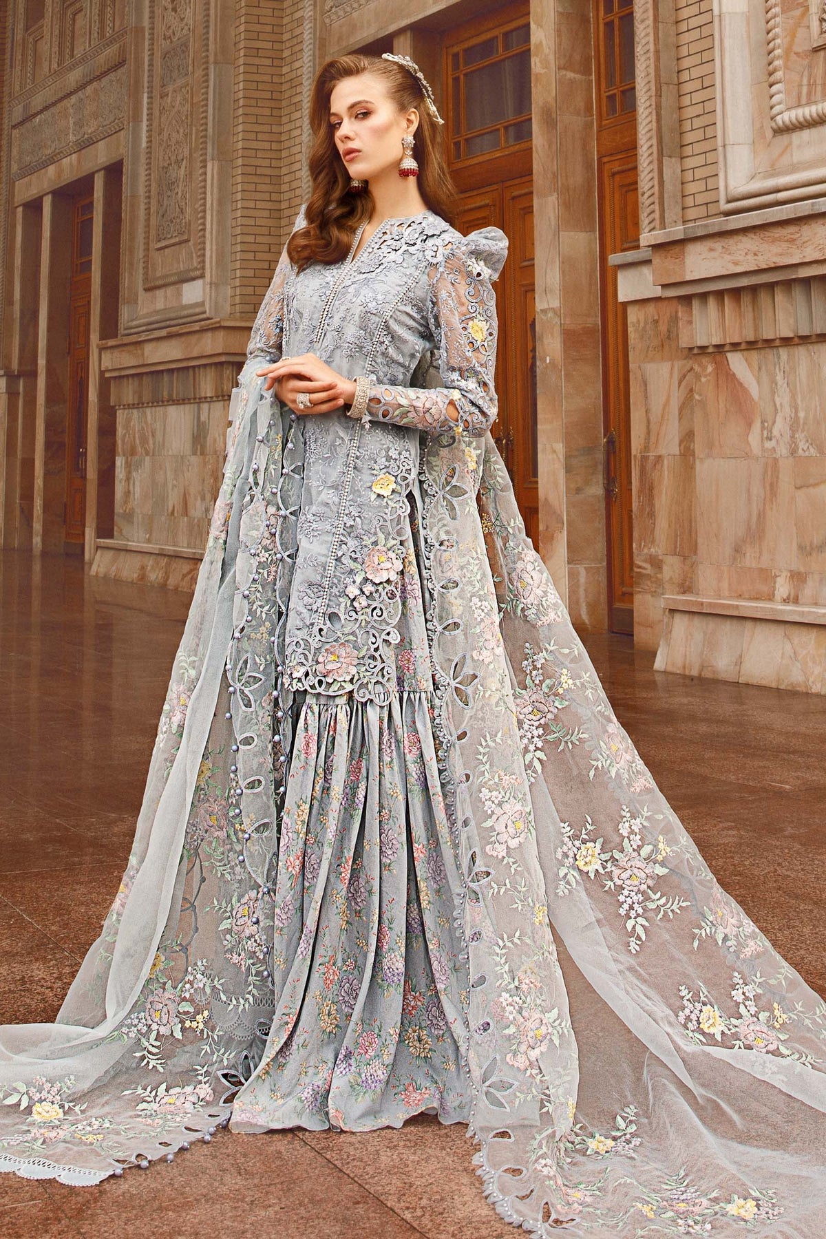 Maria B Inspired Embroidered Grey 3 Piece Outfit With Net Dupatta - Desi Posh