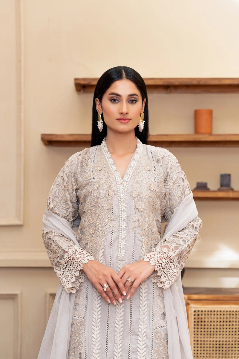 Maria B Inspired Ladies Grey Chikan Kari Eid Outfit - Desi Posh
