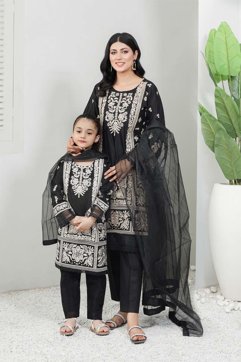 Simrans Mummy & Me Ladies Cotton Lawn Eid Suit Black - Desi Posh