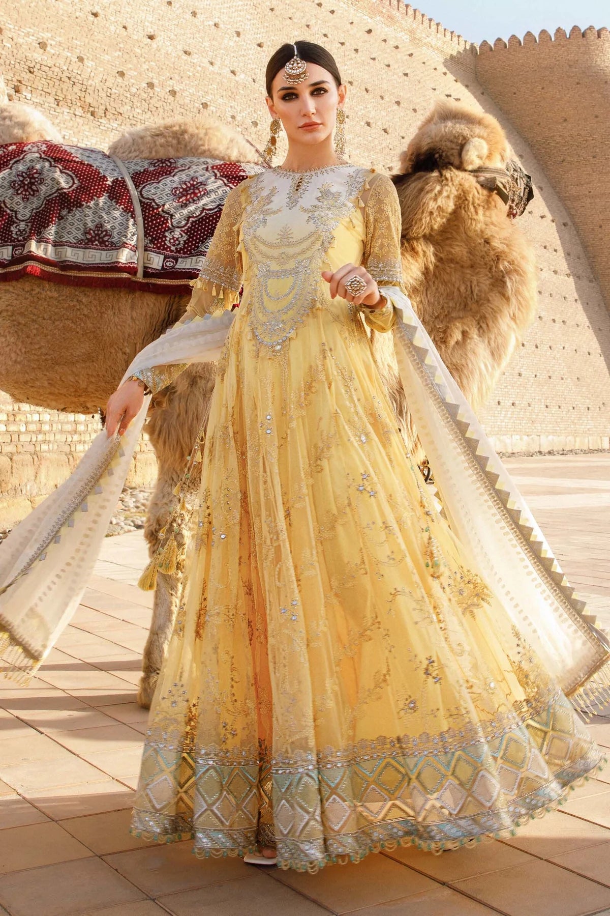 Maria B Inspired Embroidered Yellow 3 Piece Dress With Net Dupatta - Desi Posh