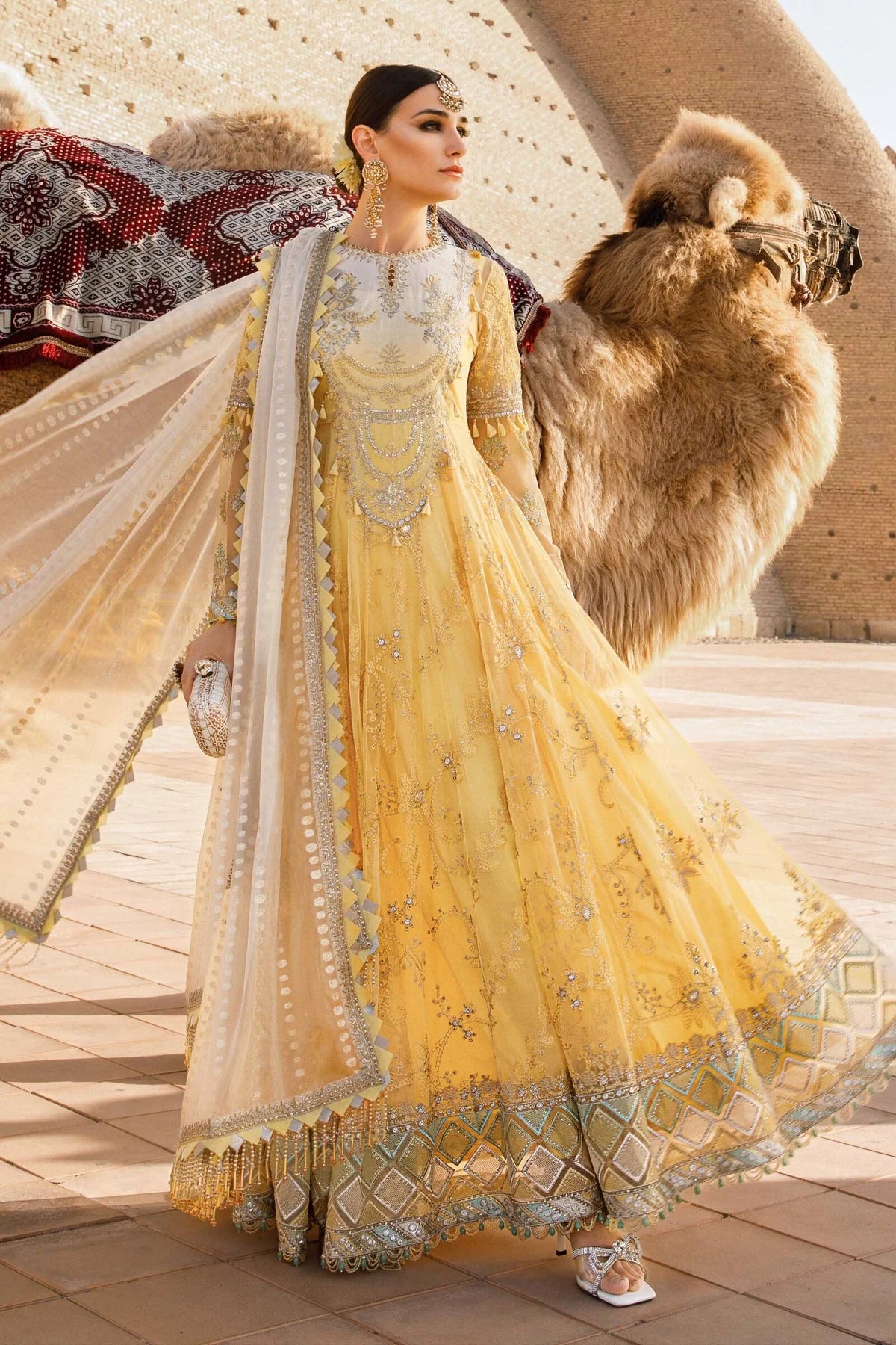 Maria B Inspired Embroidered Yellow 3 Piece Dress With Net Dupatta