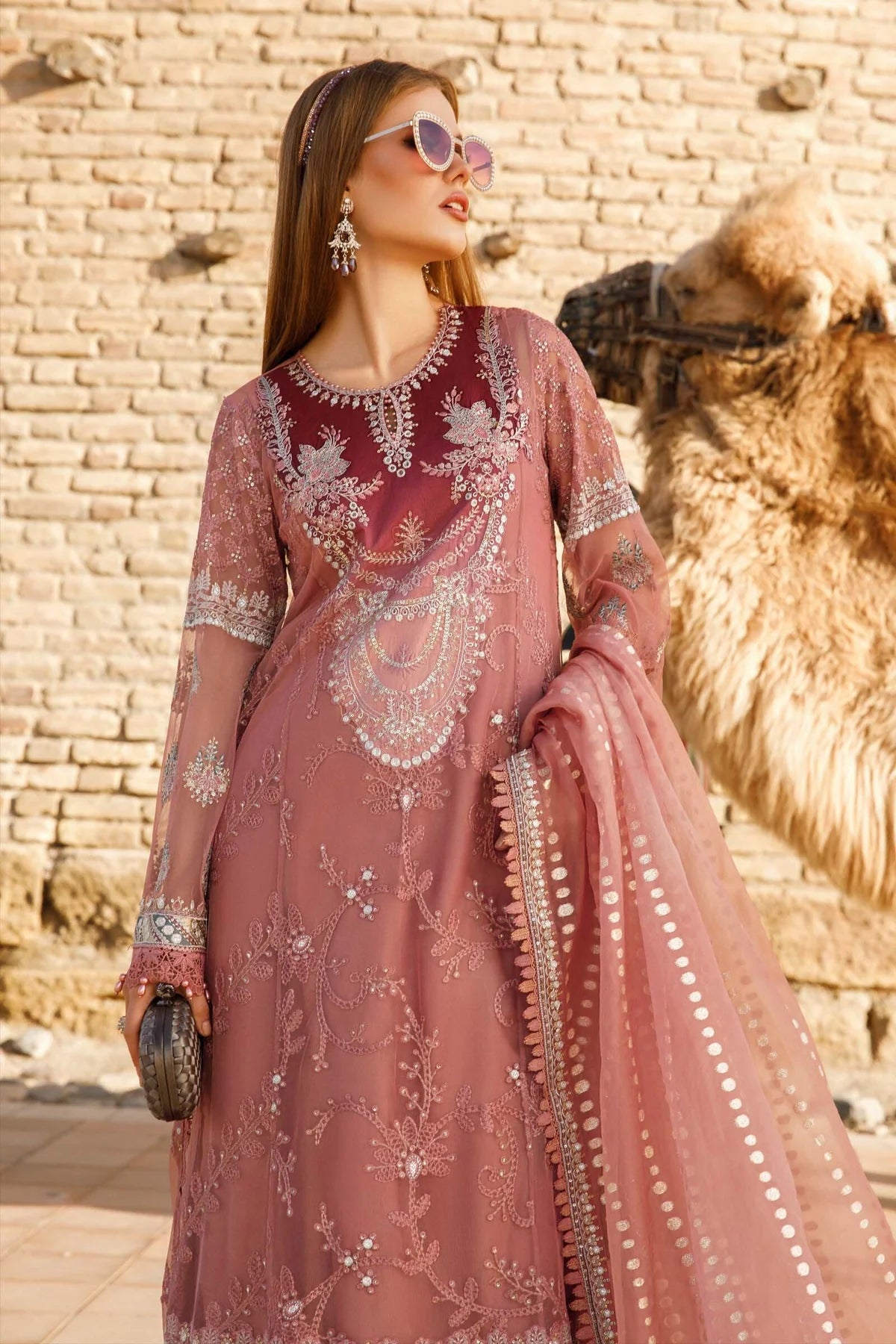 Maria B Inspired Embroidered Dusty Pink 3 Piece Outfit With Net Dupatta - Desi Posh
