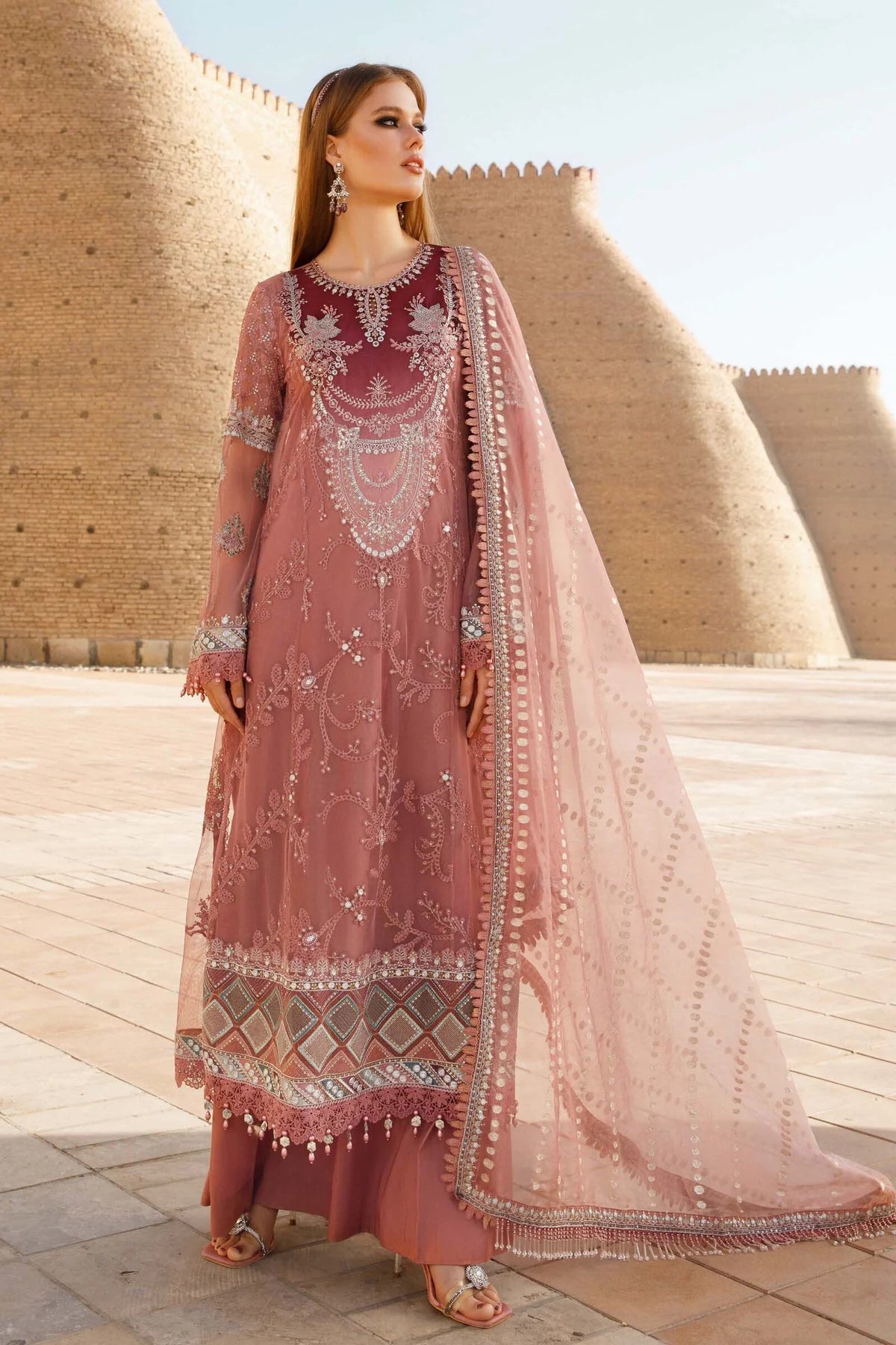 Maria B Inspired Embroidered Dusty Pink 3 Piece Outfit With Net Dupatta - Desi Posh