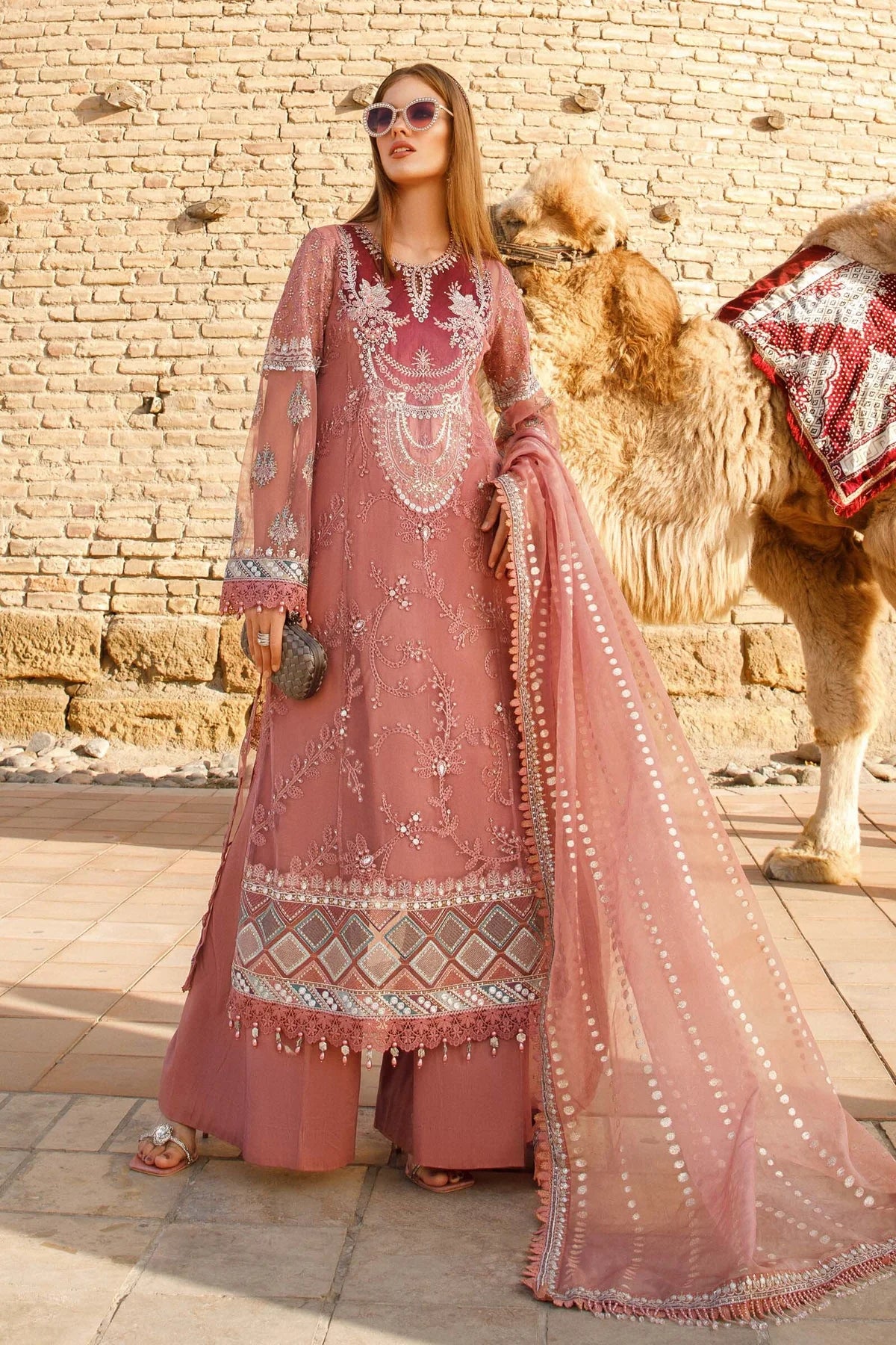 Maria B Inspired Embroidered Dusty Pink 3 Piece Outfit With Net Dupatta - Desi Posh