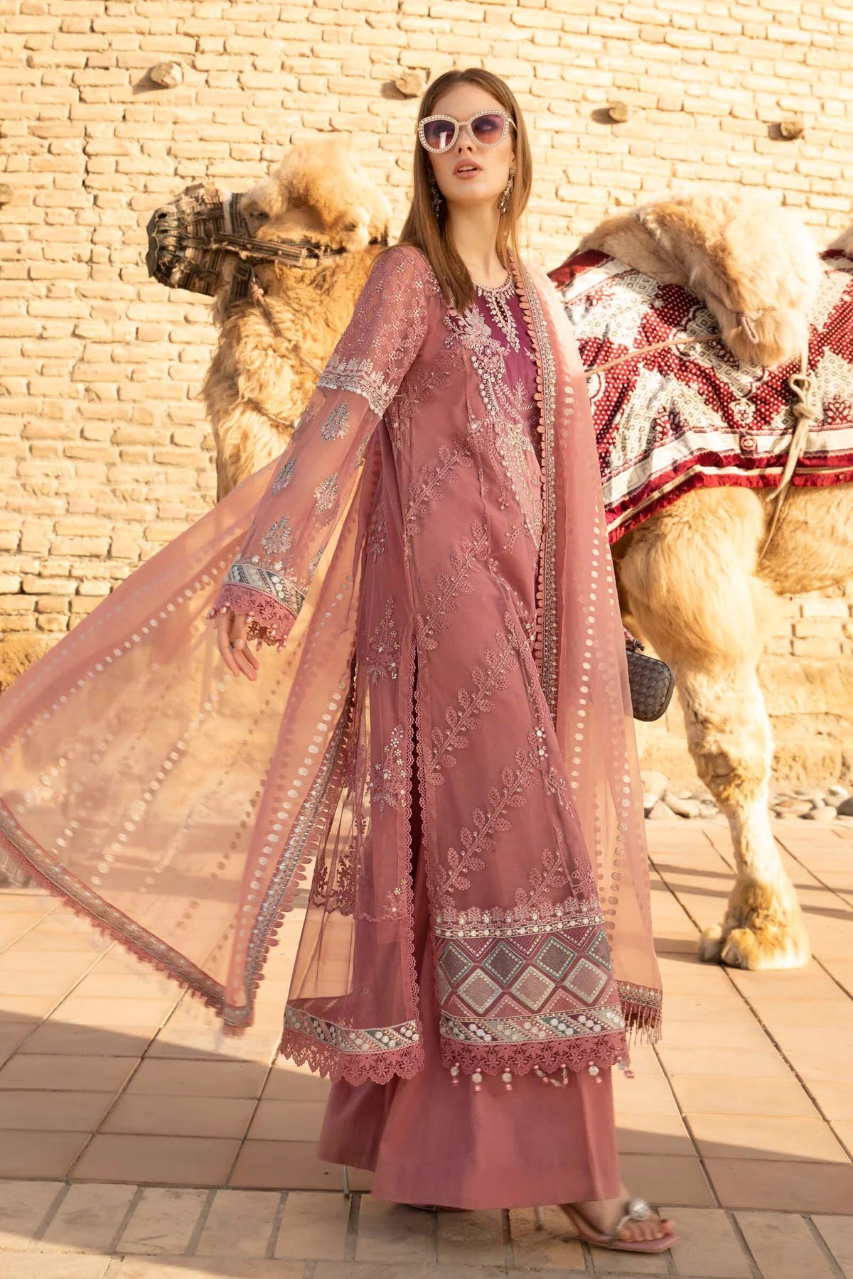Maria B Inspired Embroidered Dusty Pink 3 Piece Outfit With Net Dupatta - Desi Posh