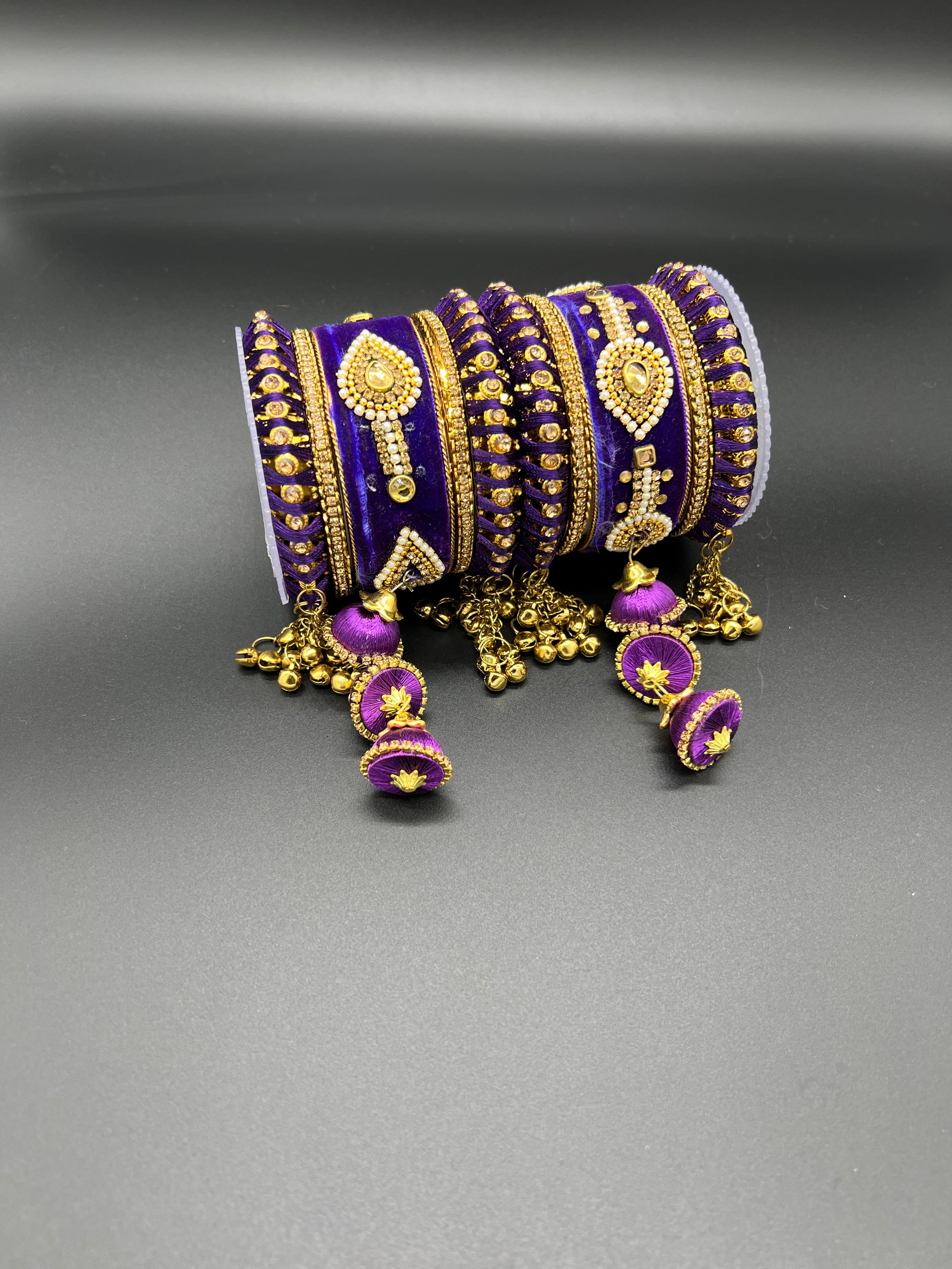 Purple Thread and Gold Stone Work Bangles - Desi Posh