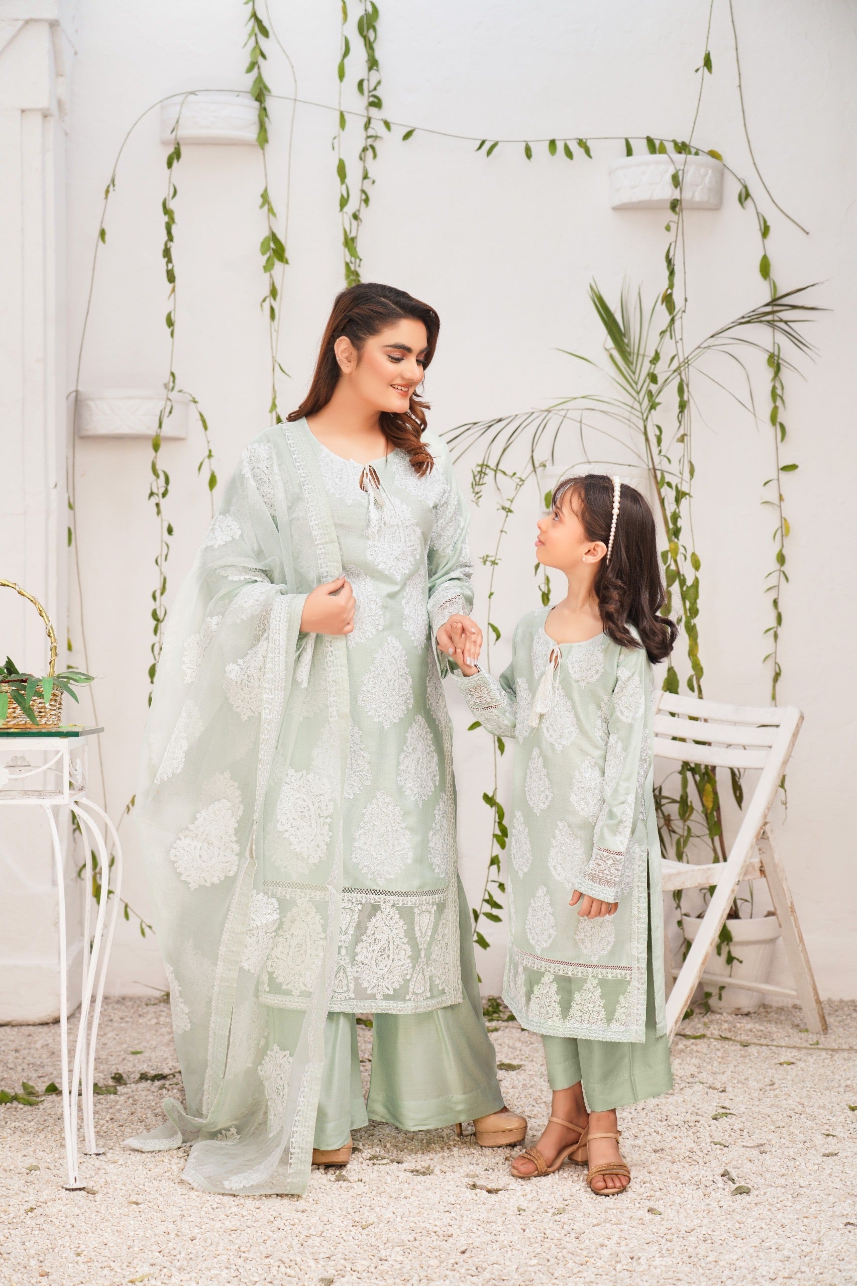 Jannat 2.0 Mint Green Mummy & Me Girls 3 Piece Suit With Net Dupatta - Desi Posh