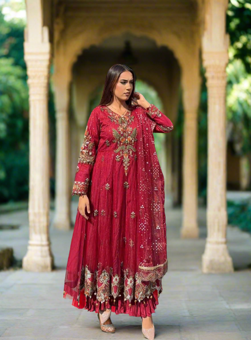 Maria B Inspired Embroidered Net D2403-B 3 Piece Outfit With Net Dupatta - Desi Posh