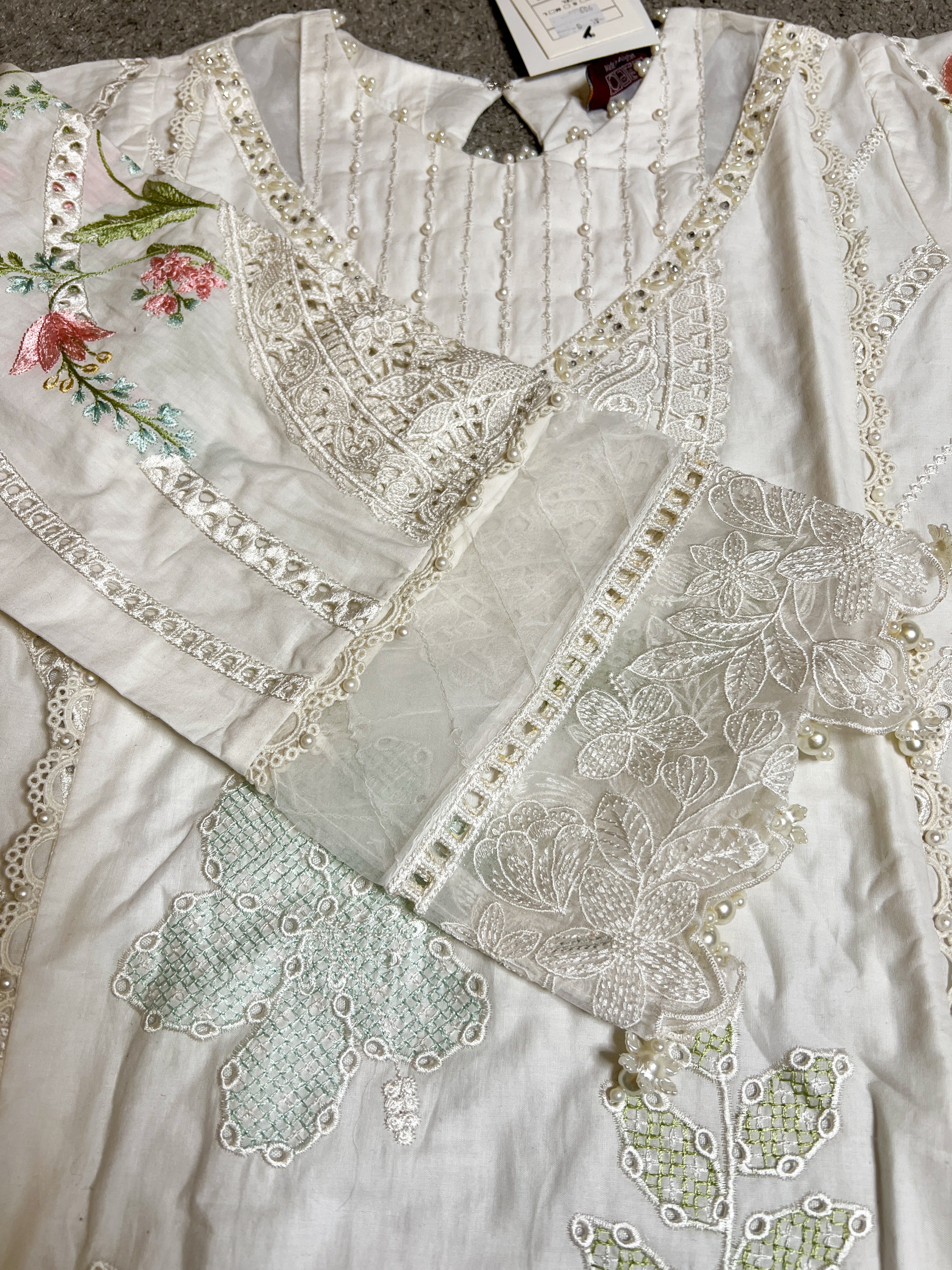 Maria B Inspired Chikan Embroidered White 3 Piece Outfit With Full Sleeves - Desi Posh